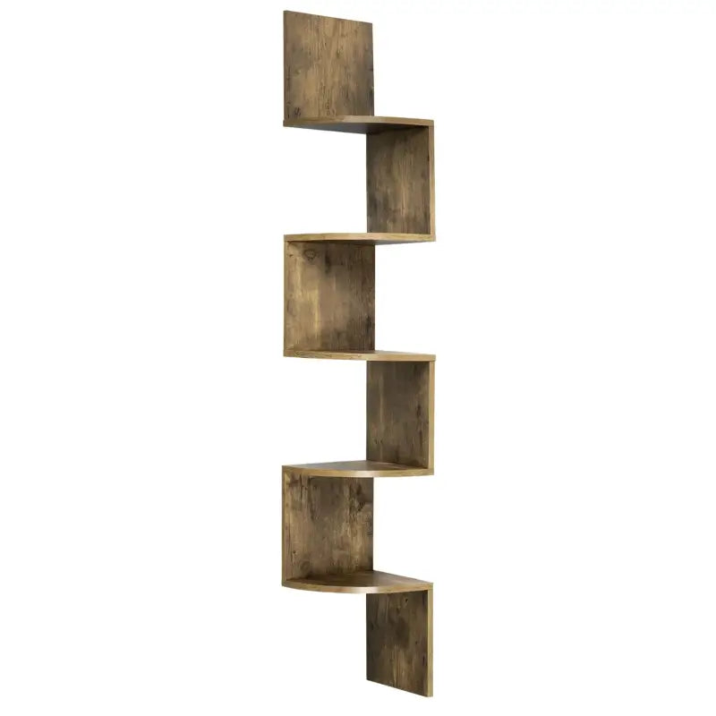 BukkitBow Zigzag hoekwandplank van stevig hout met 5 niveaus, afmetingen 25x25x156cm, ideaal voor boeken en decoratie.