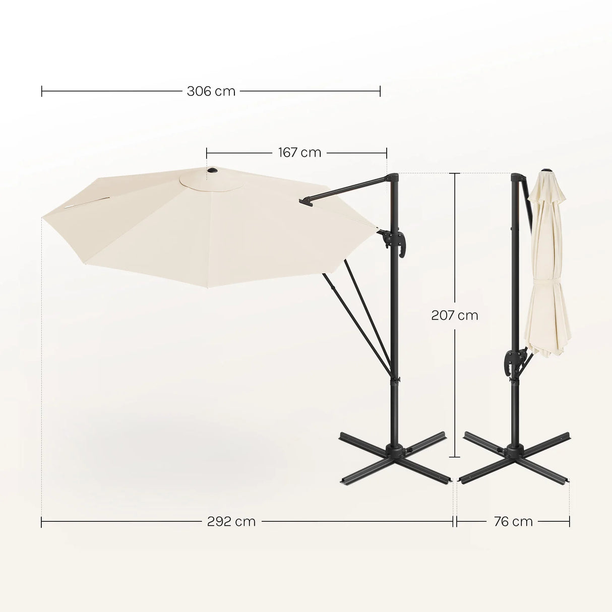 BukkitBow zwevende parasol met 360° draaibare en 5 kantelstanden, diameter 300 cm, in een tuin setting.
