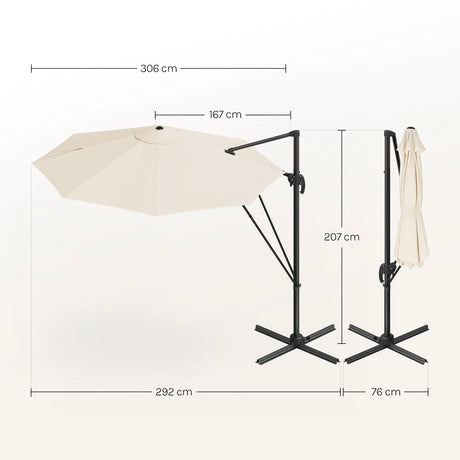 BukkitBow zwevende parasol met 360° draaibare en 5 kantelstanden, diameter 300 cm, in een tuin setting.