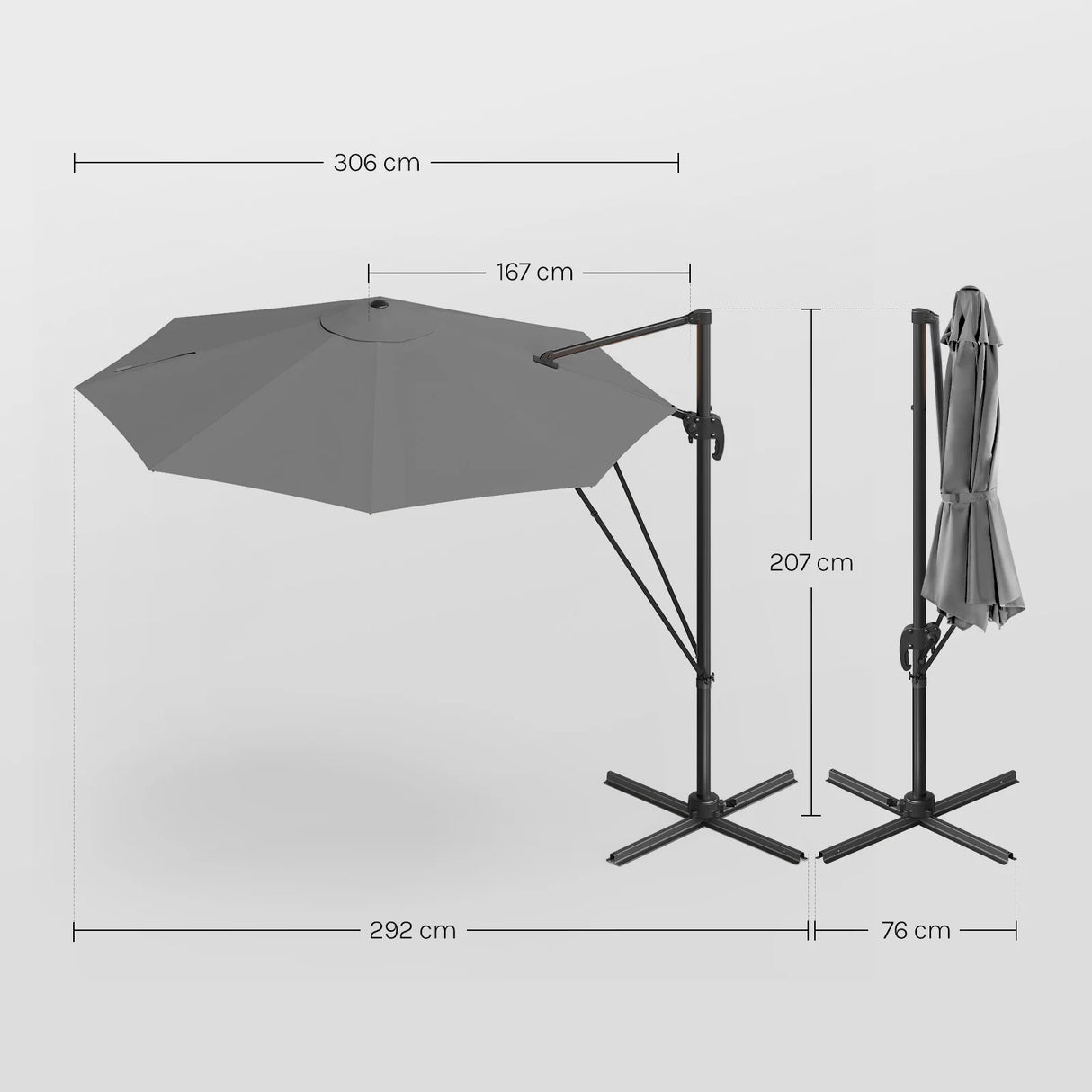 BukkitBow zwevende parasol met 360° draaibare kop en 5 kantelstanden, diameter 300 cm voor schaduw en comfort