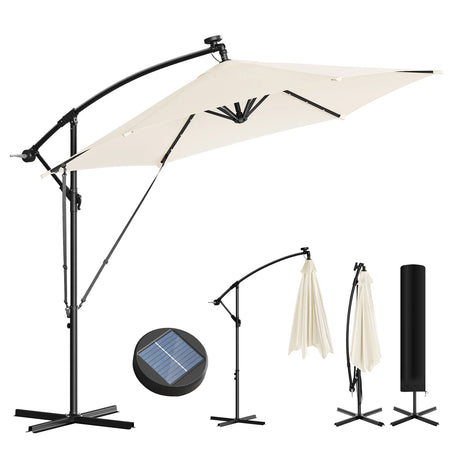 BukkitBow zwevende parasol met solar LED-verlichting en 360° draaibaar ontwerp, geschikt voor buitengebruik.