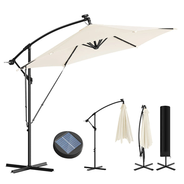 BukkitBow zwevende parasol met solar LED-verlichting en 360° draaibaar ontwerp, geschikt voor buitengebruik.