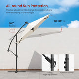 Zwevende parasol van BukkitBow met solar LED-verlichting en 360° draaibare functie voor buitengebruik.