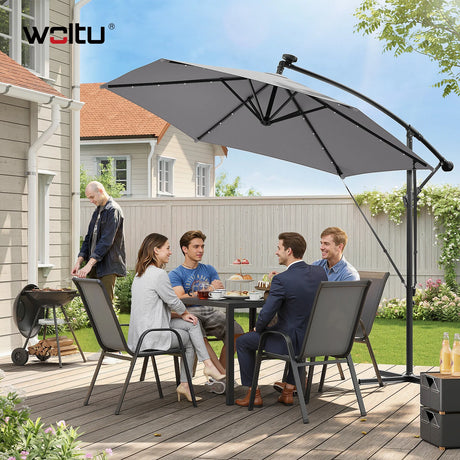 BukkitBow zwevende parasol met solar LED-verlichting en 360° draaibare functie, ideaal voor buitengebruik