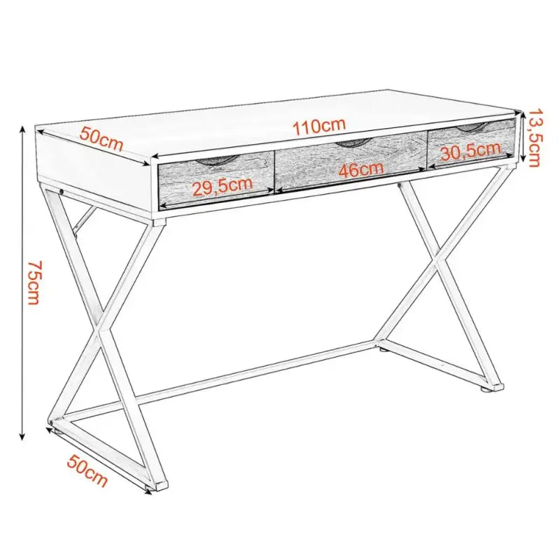 BukkitBow - Bureau met 3 Laden - Hout en Metaal - Wit