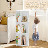 Witte draaibare kinderboekenkast van BukkitBow met 4 niveaus en staande planken voor kinderen.