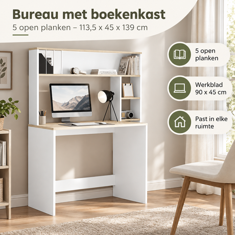 Bureau met boekenkast van BukkitBow met 5 open planken, afmetingen 113,5 x 45 x 139 cm, praktische opbergoplossing.