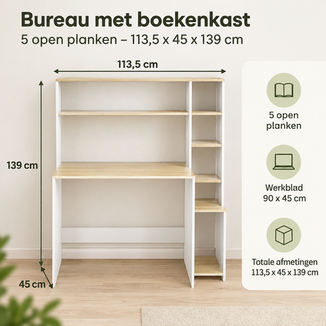 Bureau met boekenkast van BukkitBow, 5 open planken, afmetingen 113,5 x 45 x 139 cm, houten meubel voor kantoor of studeerkamer