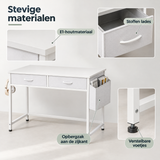Detail van materiaal en afwerking van bureau met lades