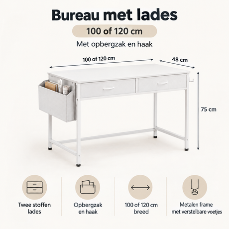 Afmetingen en productspecificaties van bureau met lades