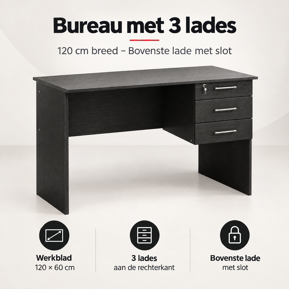Overzicht van bureau met lades met de belangrijkste productvoordelen