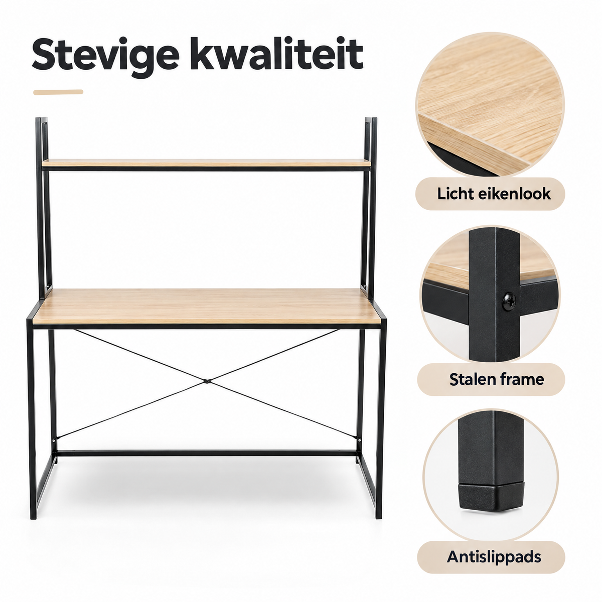 Detail van materiaal en afwerking van bureau met opbergplank