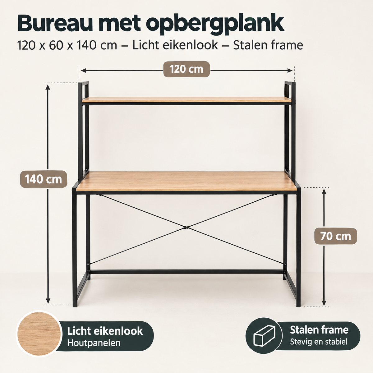 Afmetingen en productspecificaties van bureau met opbergplank