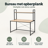 Overzicht van bureau met opbergplank met de belangrijkste productvoordelen