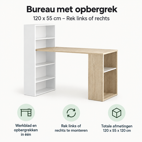 Bureau met opbergrek van BukkitBow, 120x55 cm, met links of rechts geplaatst opbergrek voor organiserend werkruimte.