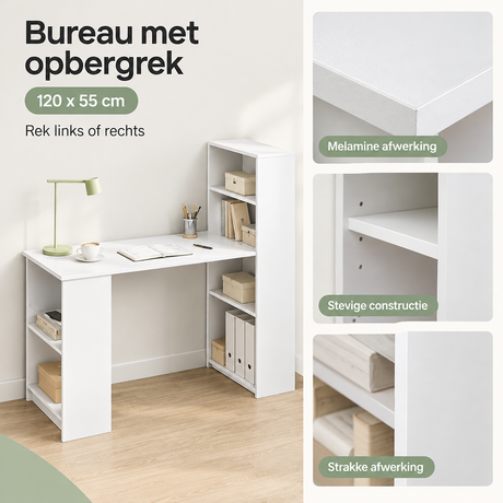 Bureau met opbergrek van BukkitBow, 120x55 cm, detail van het materiaal en de linkse of rechtse opbergruimte