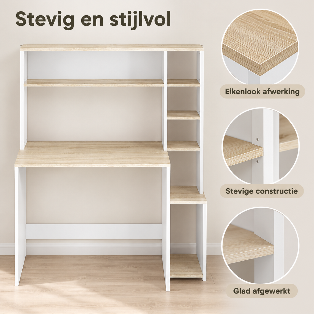 Detail van materiaal en afwerking van bureau met opbergrek