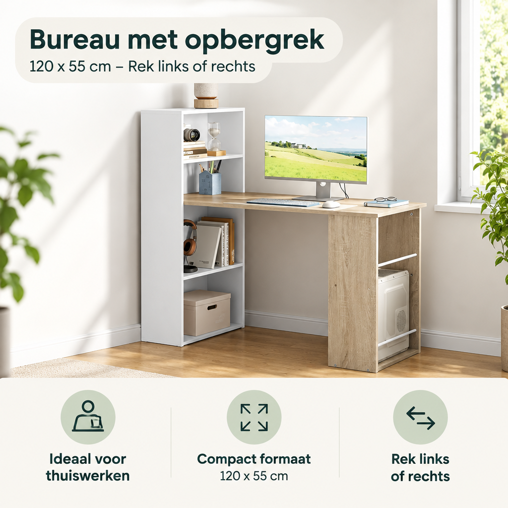 Praktische toepassing en keuzehulp voor bureau met opbergrek