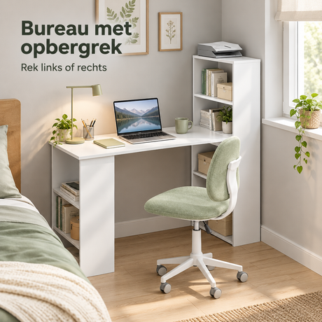 Bureau met opbergrek van BukkitBow, 120x55 cm, in een kantooromgeving met opbergrek aan de linker- of rechterkant.