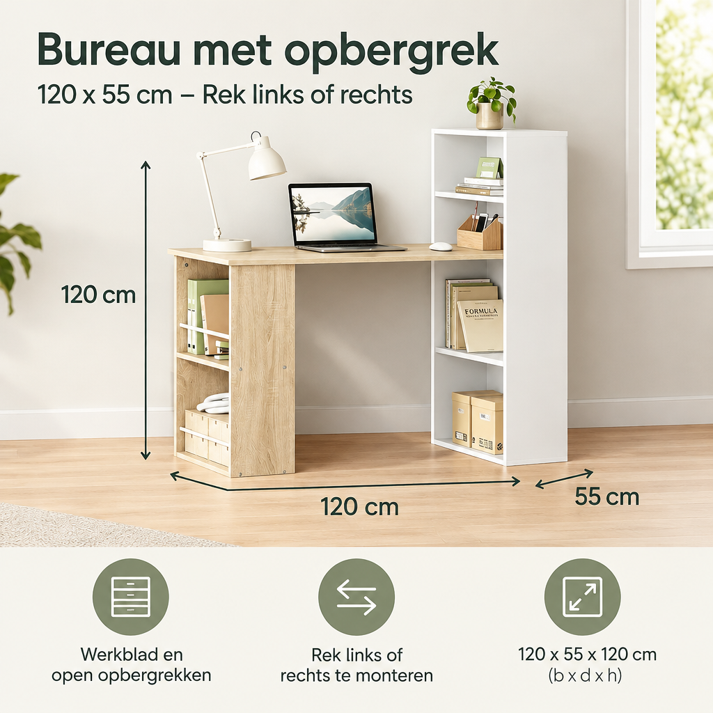 Afmetingen en productspecificaties van bureau met opbergrek