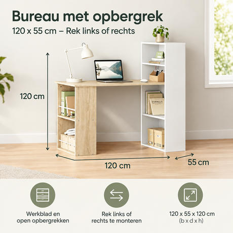 Bureau met opbergrek van BukkitBow, 120x55 cm, met links of rechts opbergrek, geschikt voor thuis of kantoor.