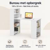 Overzicht van bureau met opbergrek met de belangrijkste productvoordelen
