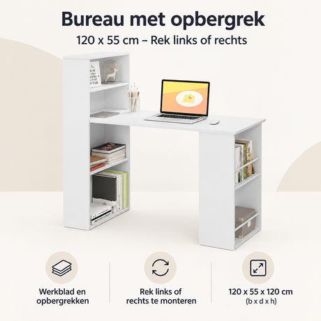 Bureau met opbergrek van BukkitBow, 120x55 cm, overzicht van kernvoordelen, rechts of links te plaatsen, modern design.