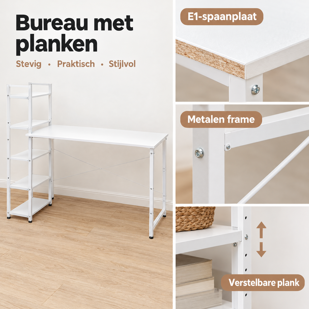 Detail van materiaal en afwerking van bureau met planken
