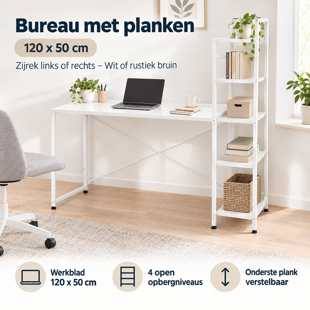 Praktische toepassing en keuzehulp voor bureau met planken