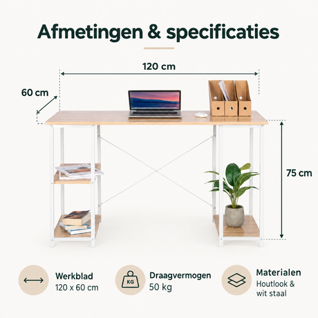 Afmetingen en productspecificaties van bureau met planken
