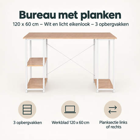 Overzicht van bureau met planken met de belangrijkste productvoordelen