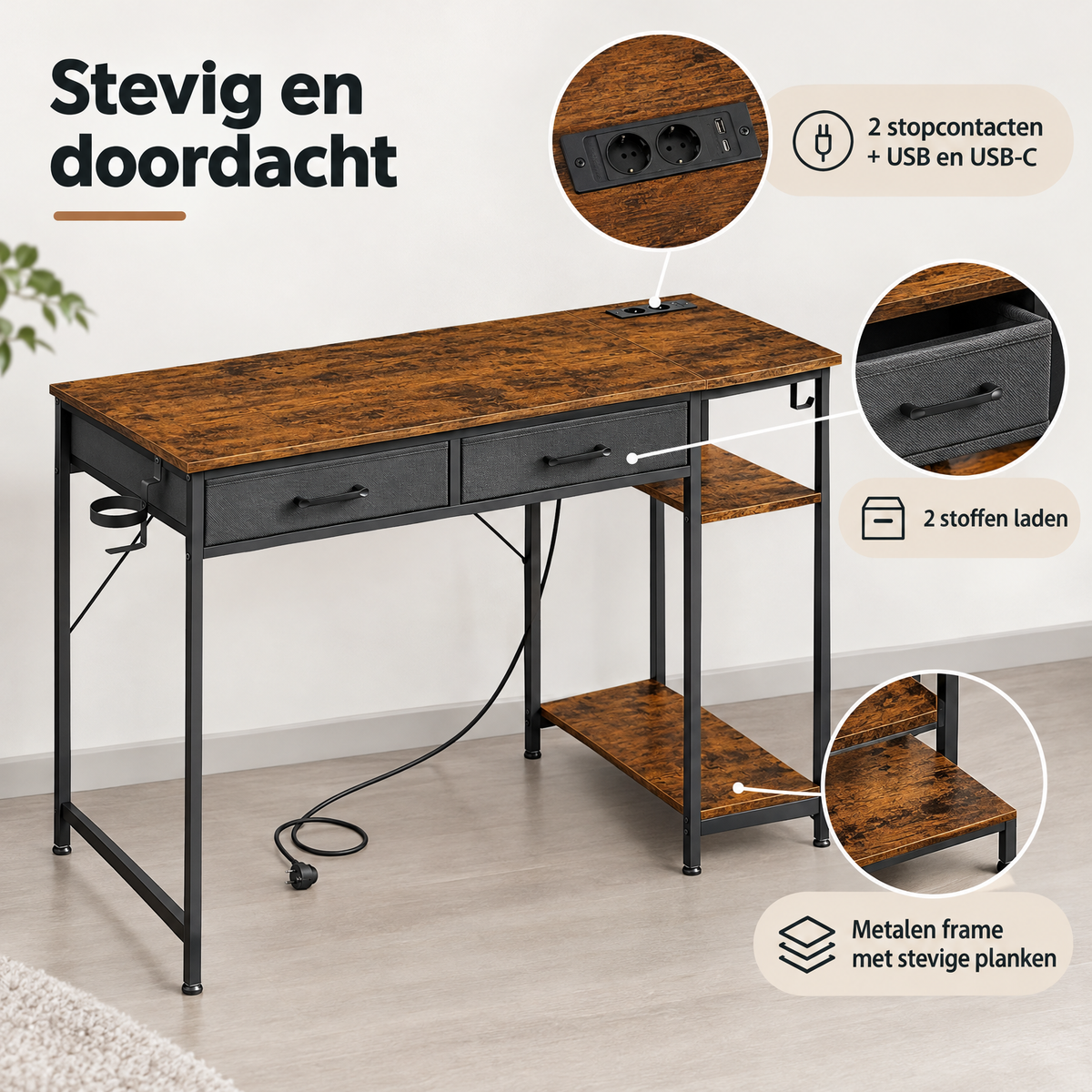 Detail van materiaal en afwerking van bureau met stopcontact