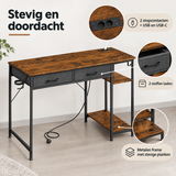 Detail van materiaal en afwerking van bureau met stopcontact