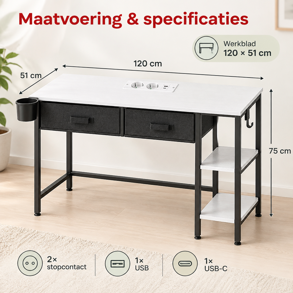 Afmetingen en productspecificaties van bureau met stopcontact