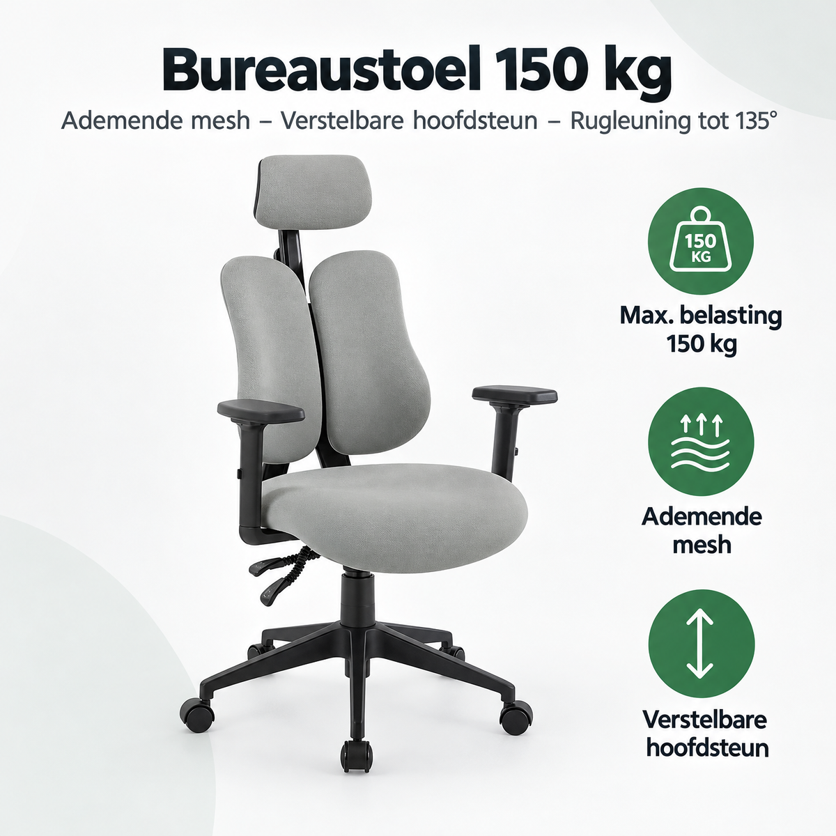Overzicht van bureaustoel 150 kg met de belangrijkste productvoordelen