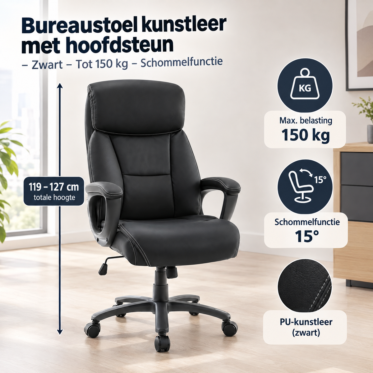 Afmetingen en productspecificaties van bureaustoel kunstleer met hoofdsteun