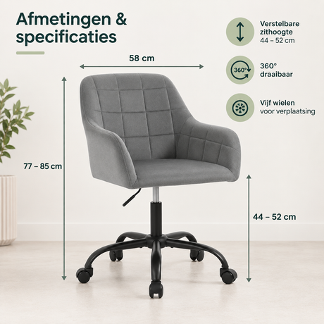 Afmetingen en productspecificaties van bureaustoel met armleuningen