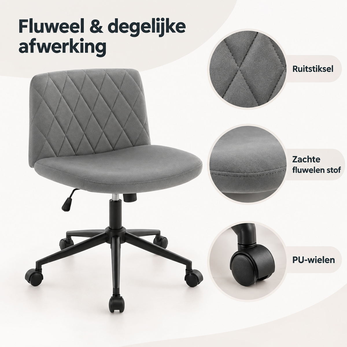 Detail van materiaal en afwerking van bureaustoel met brede zitting