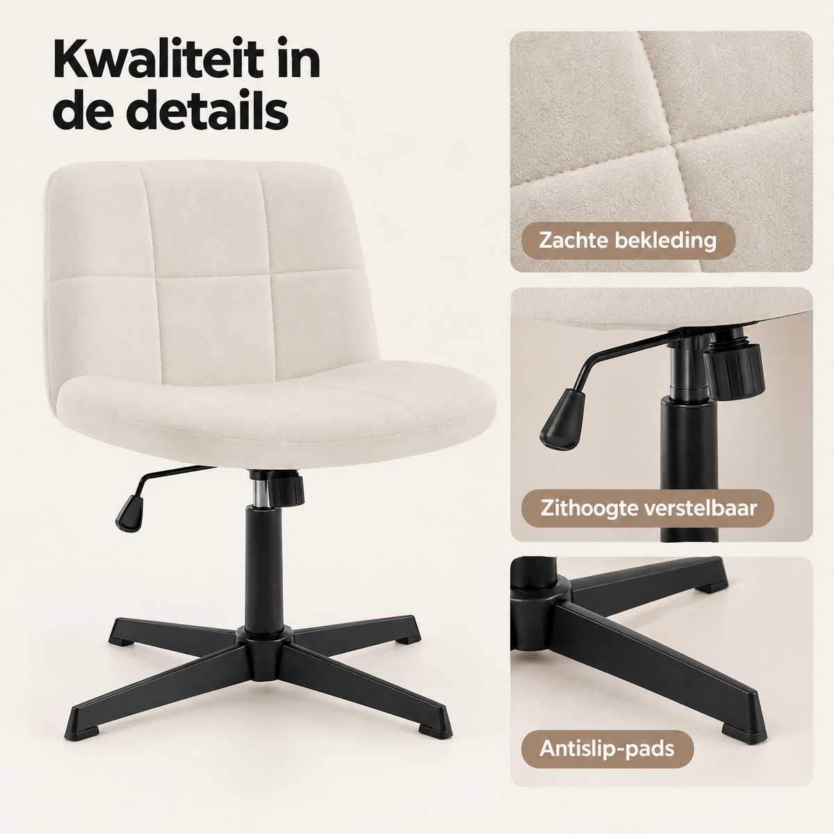 Detail van materiaal en afwerking van bureaustoel met brede zitting
