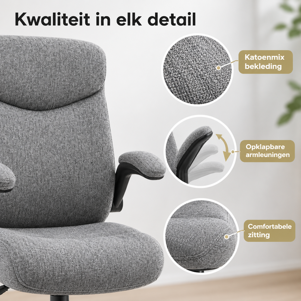 Detail van materiaal en afwerking van bureaustoel met opklapbare armleuningen