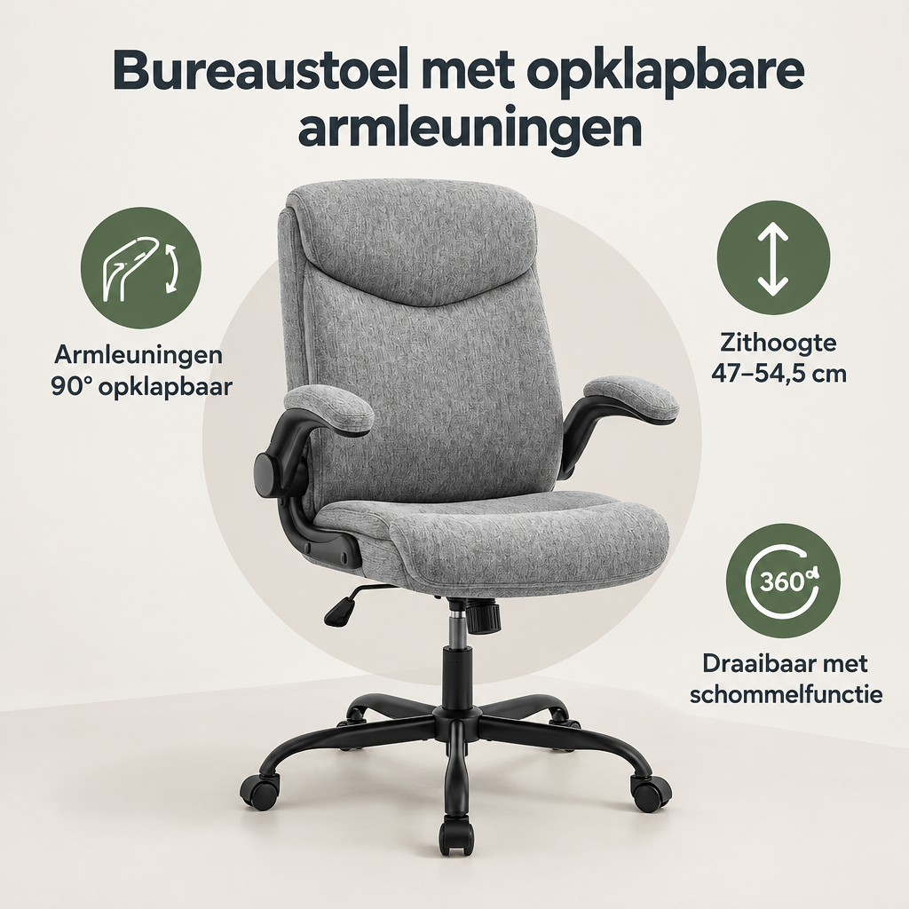 Overzicht van bureaustoel met opklapbare armleuningen met de belangrijkste productvoordelen