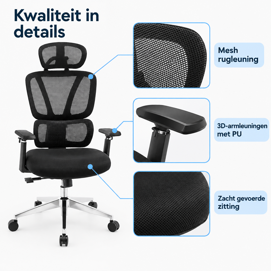 Detail van materiaal en afwerking van bureaustoel met verstelbare lendensteun