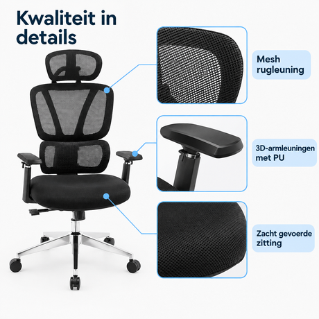 Detail van materiaal en afwerking van bureaustoel met verstelbare lendensteun