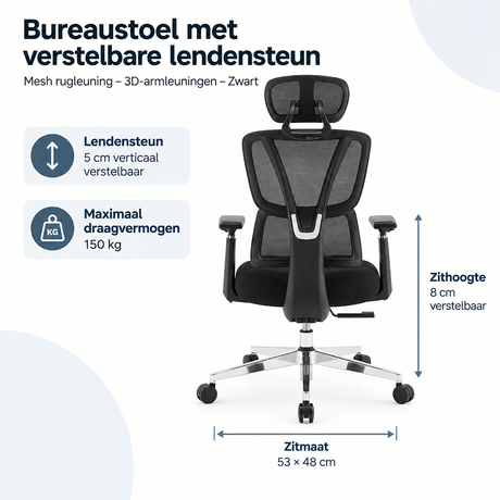Afmetingen en productspecificaties van bureaustoel met verstelbare lendensteun
