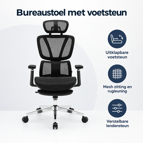 Overzicht van bureaustoel met voetsteun met de belangrijkste productvoordelen