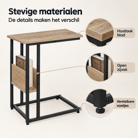 Detail van materiaal en afwerking van C-vormige bijzettafel