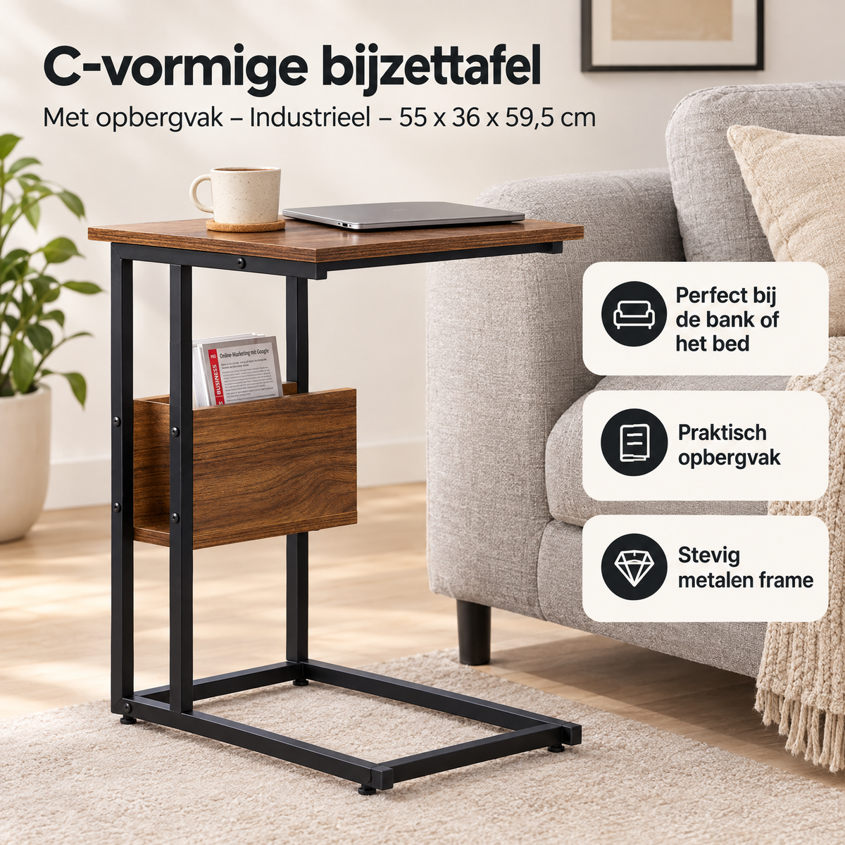 Praktische toepassing en keuzehulp voor C-vormige bijzettafel