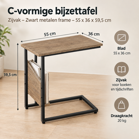 Afmetingen en productspecificaties van C-vormige bijzettafel