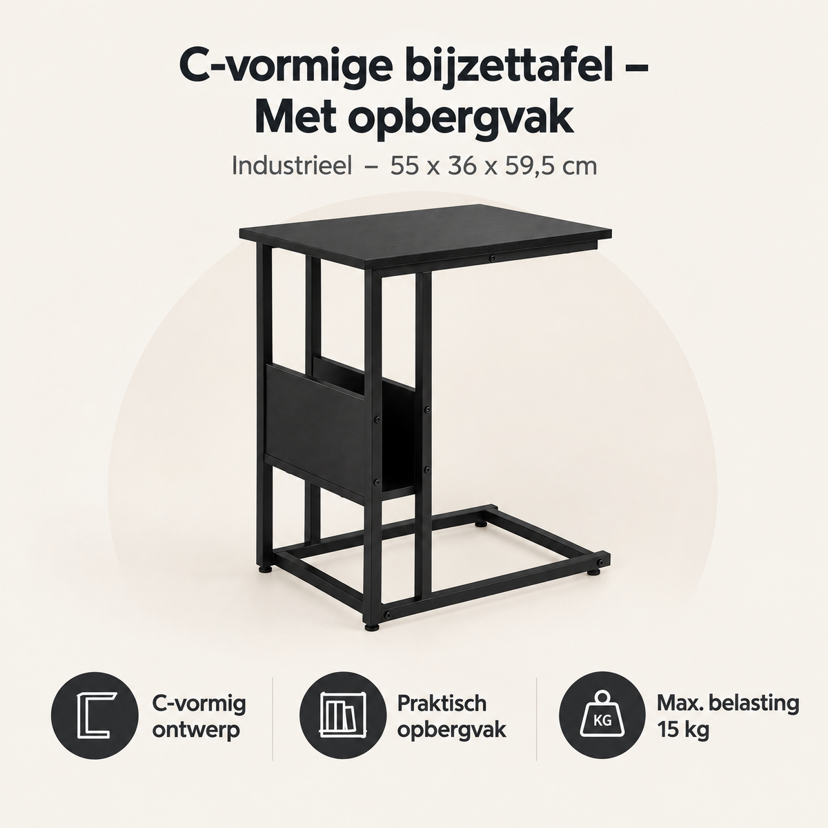 Overzicht van C-vormige bijzettafel met de belangrijkste productvoordelen