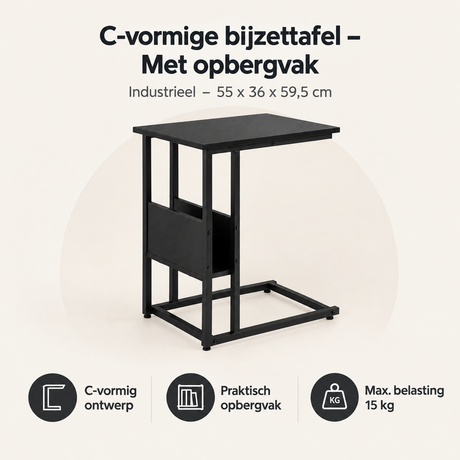 Overzicht van C-vormige bijzettafel met de belangrijkste productvoordelen